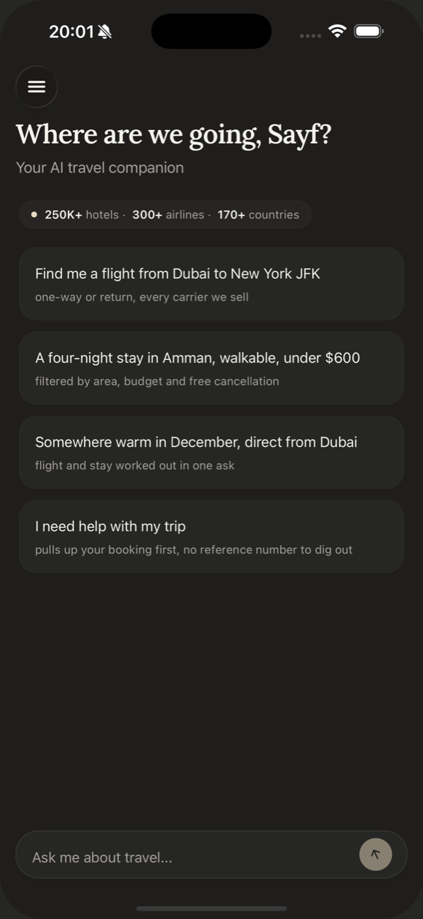 الشاشة الرئيسية في لبيبُ تسأل إلى أين نذهب، مع أمثلة لطلبات الطيران والفنادق