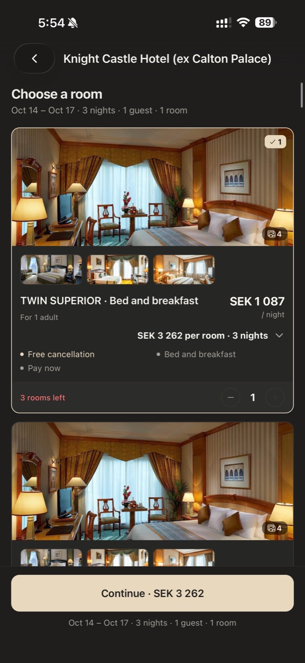 Choosing a room: photos, bed and breakfast, free cancellation, and a Continue button with the total